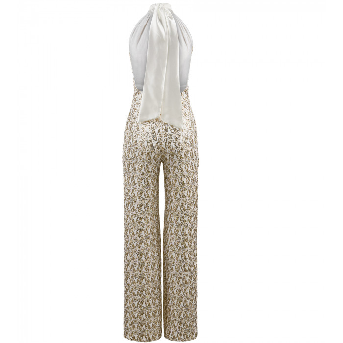 Vorderansicht Freisteller: Champagner-Gold Pailletten-Jumpsuit von Natascha Gruen mit elegantem Neckholder-Abschluss.