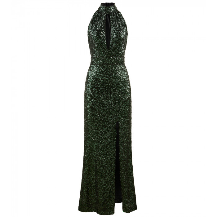 Freisteller-Natascha Gruen Neckholder Dress mit Cut-Out figurbetonter Silhouette & Beinschlitz in Gruen.