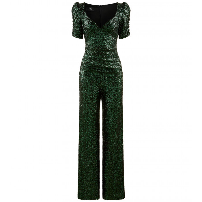 Vorderansicht-Grüner Paillettenjumpsuit mit Herzausschnitt von Natascha Gruen.