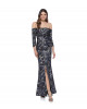 Carmenkleid mit blau-schwarzem Blumenprint