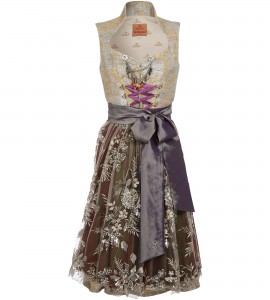 Brokat-Dirndl in Silber/Gold mit Spitzenschürze