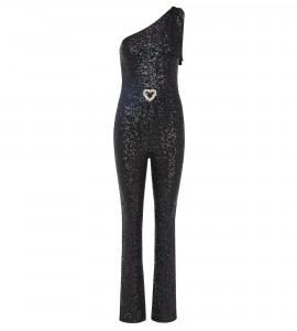 Oneshoulder Pailletten-Jumpsuit mit Herz aus Kristallen