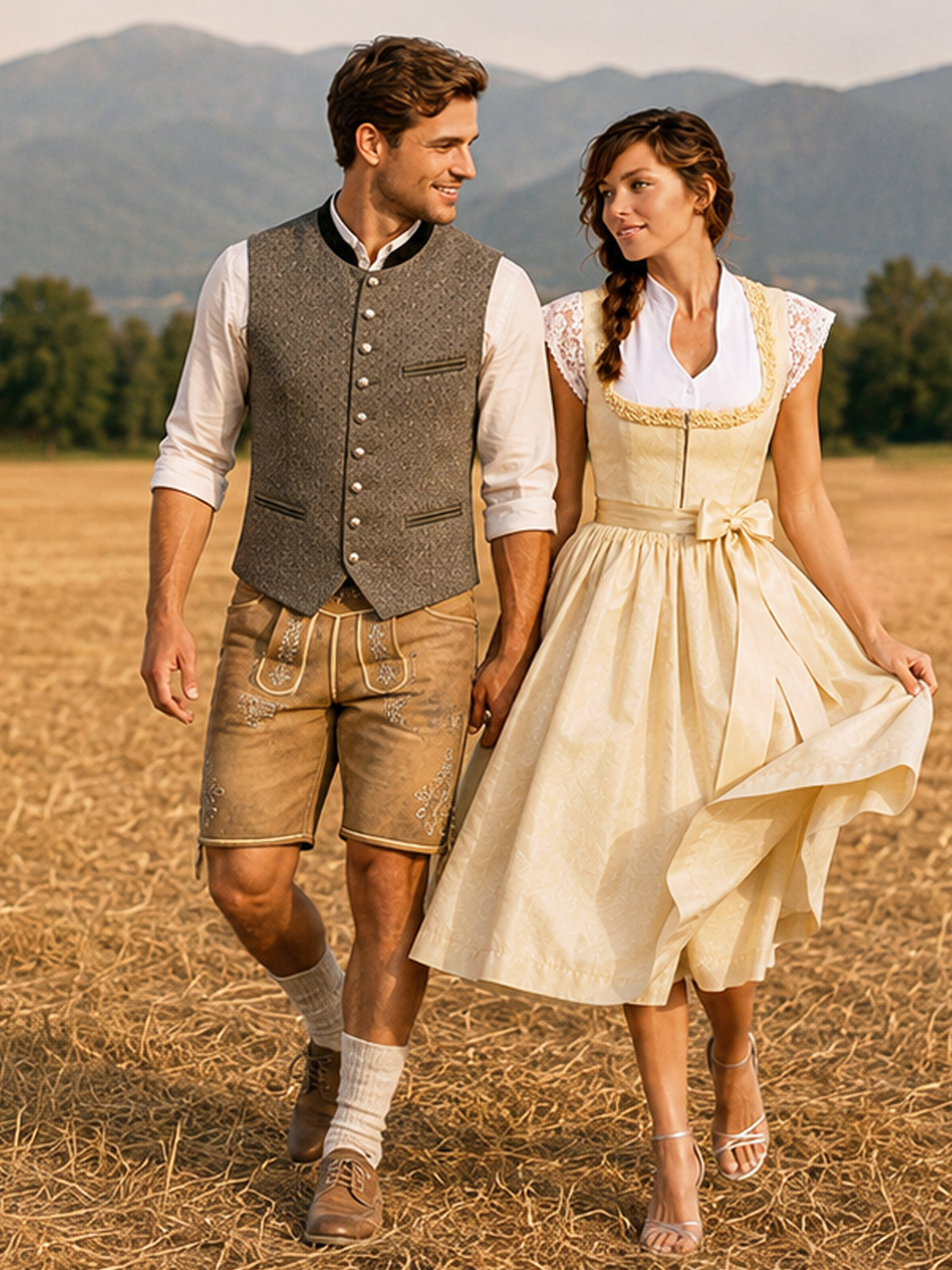 Paar in Tracht: Lederhose mit Weste und cremefarbenes Dirndl auf einem Feld vor Bergen