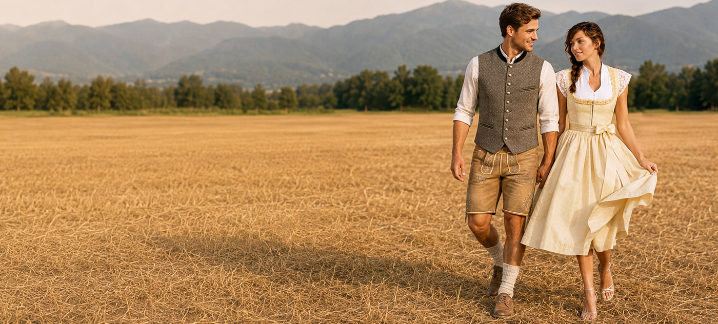 Paar in Tracht: Lederhose mit Weste und cremefarbenes Dirndl auf einem Feld vor Bergen